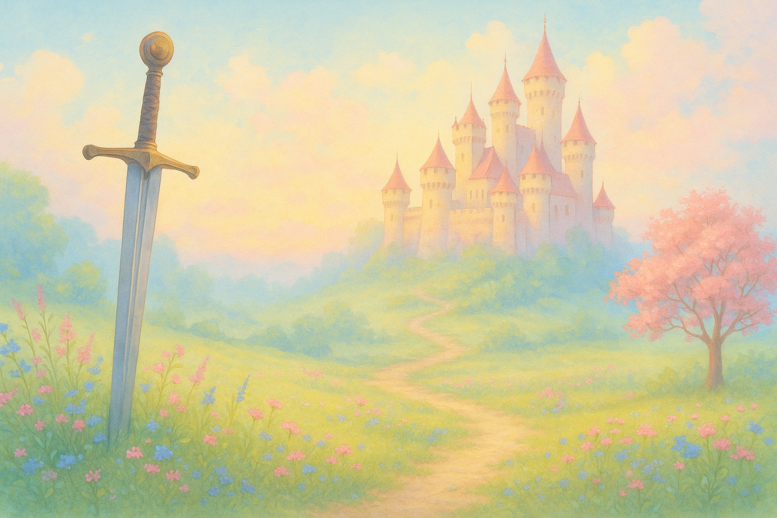 Medieval castle in the mist with sword-wielding heroes