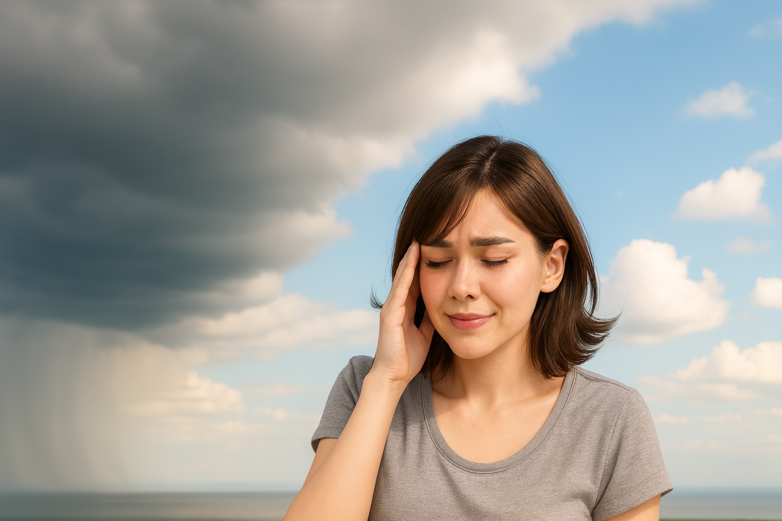 空と、人々が気圧と体調の関係を想像している様子