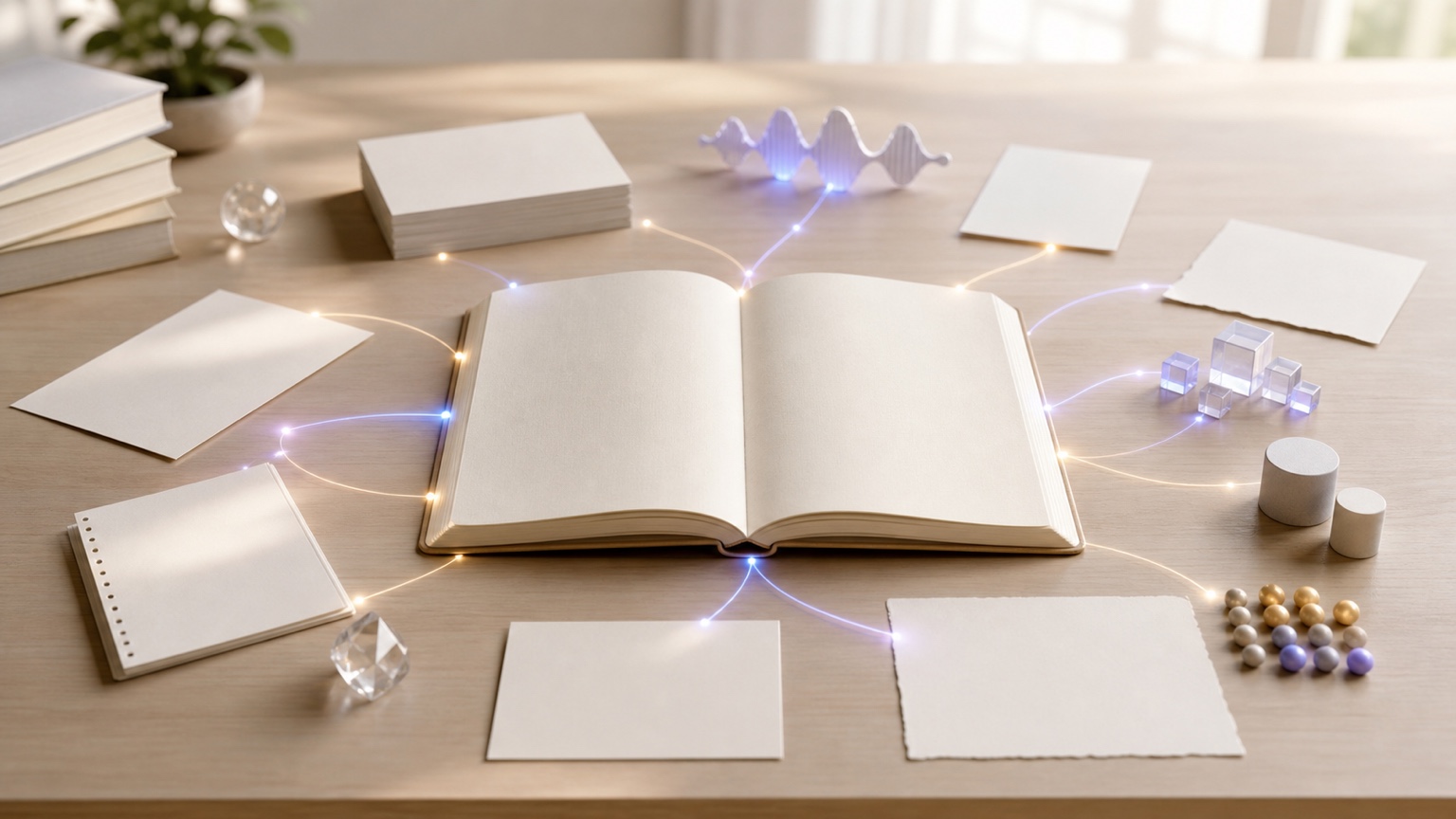 An open notebook and several research sources connected by a subtle network of light