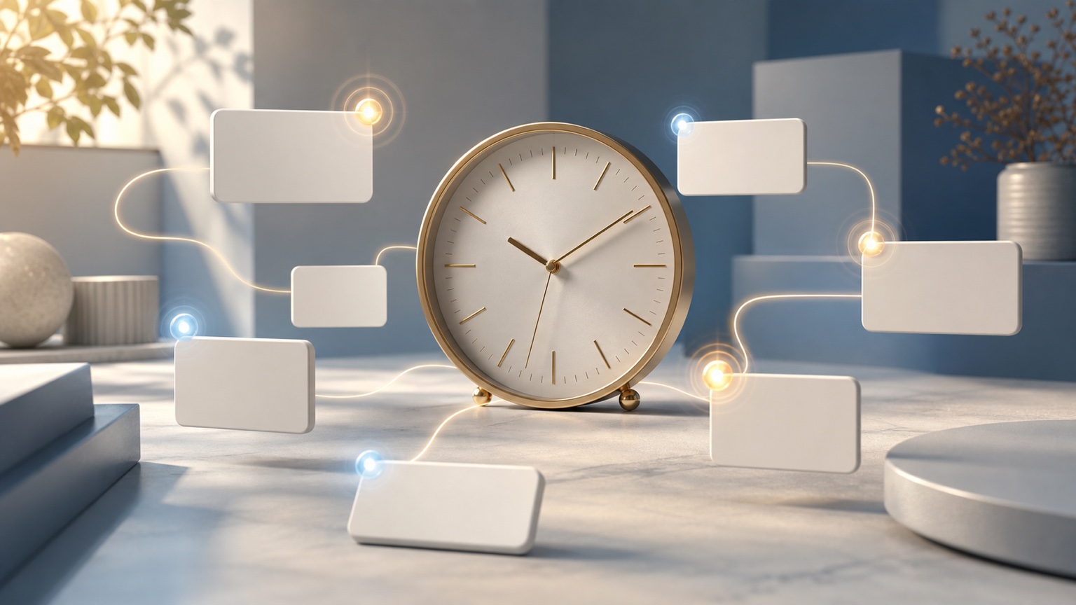 A central clock connected by light to several floating task cards
