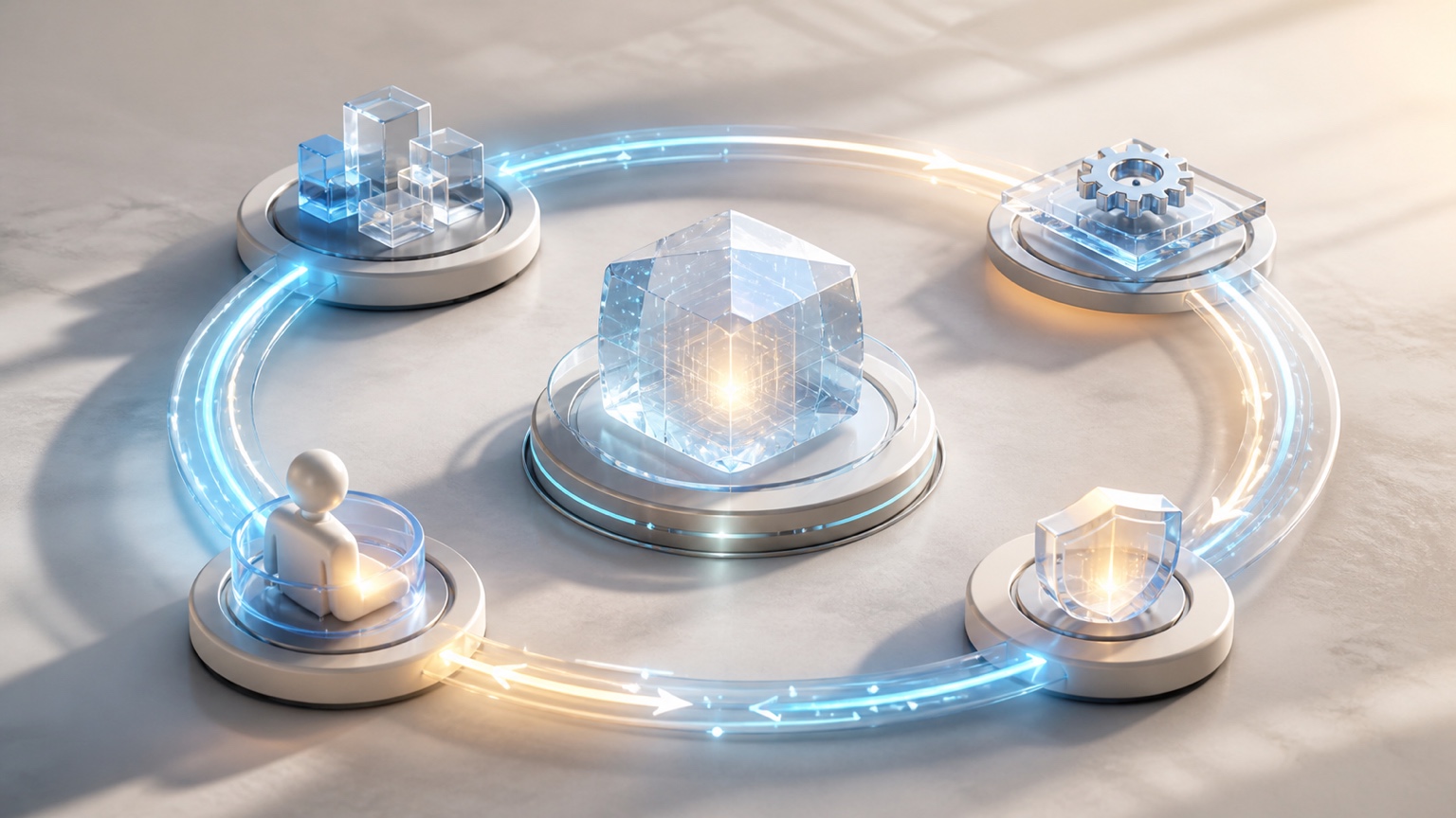 A central AI core surrounded by a continuous path representing action, verification, and human oversight