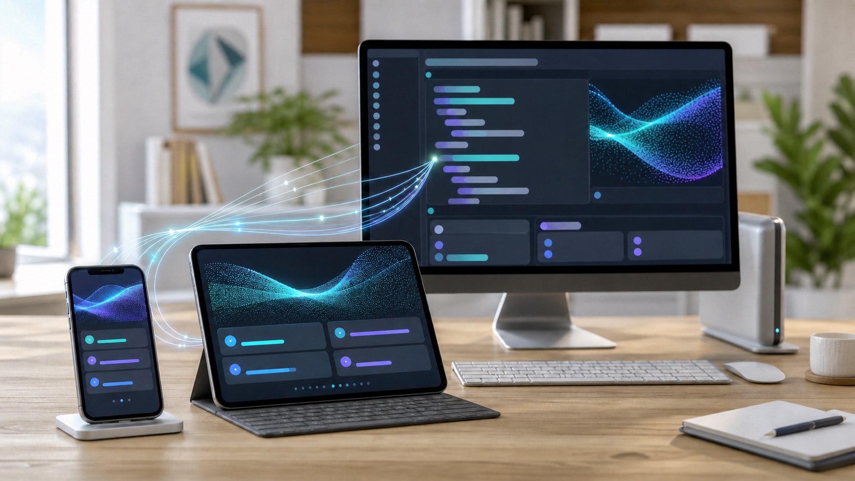 A smartphone and tablet securely connected to a desktop development environment