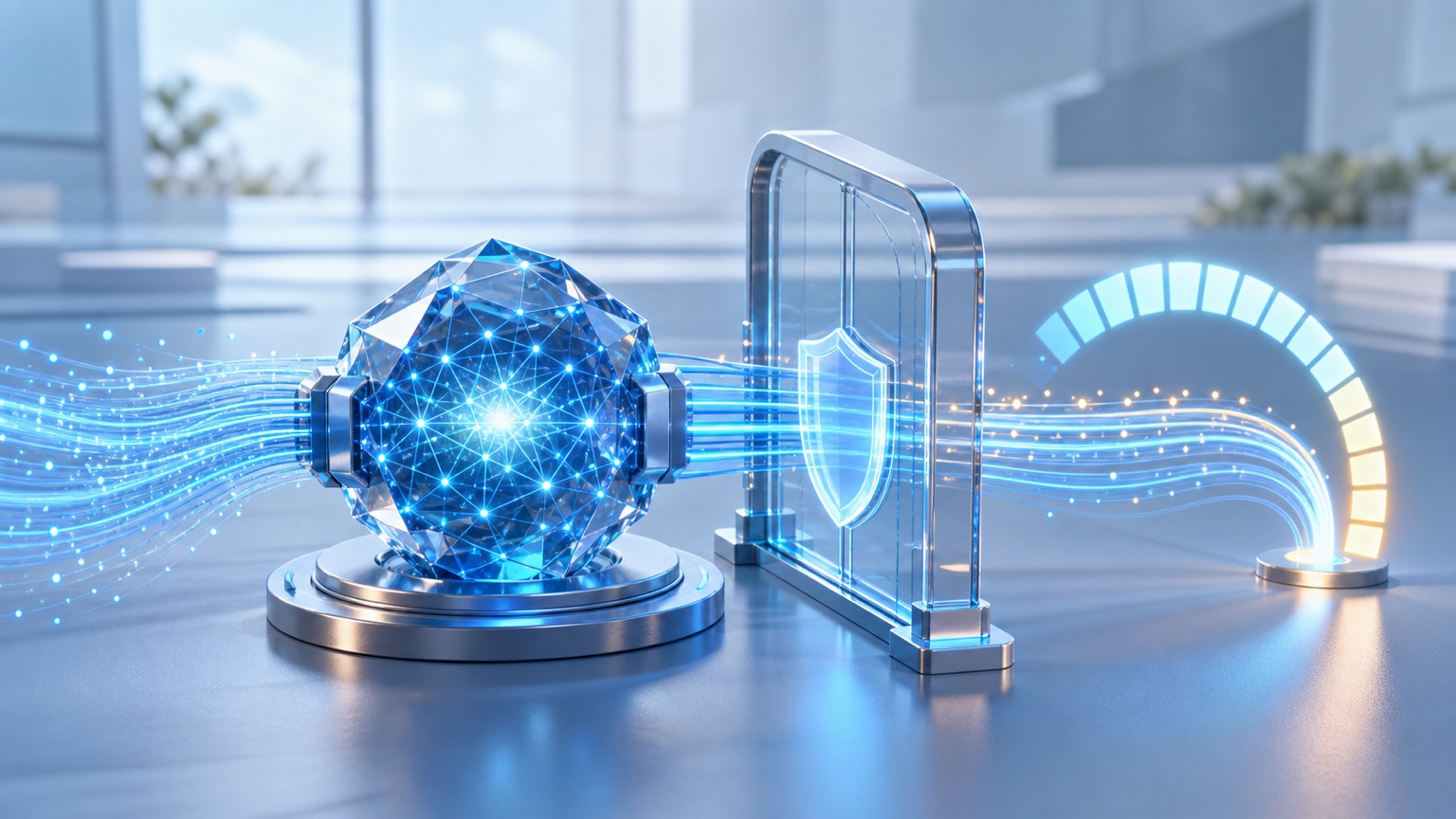 An AI core whose data flow is controlled by a protective gate and an abstract usage gauge