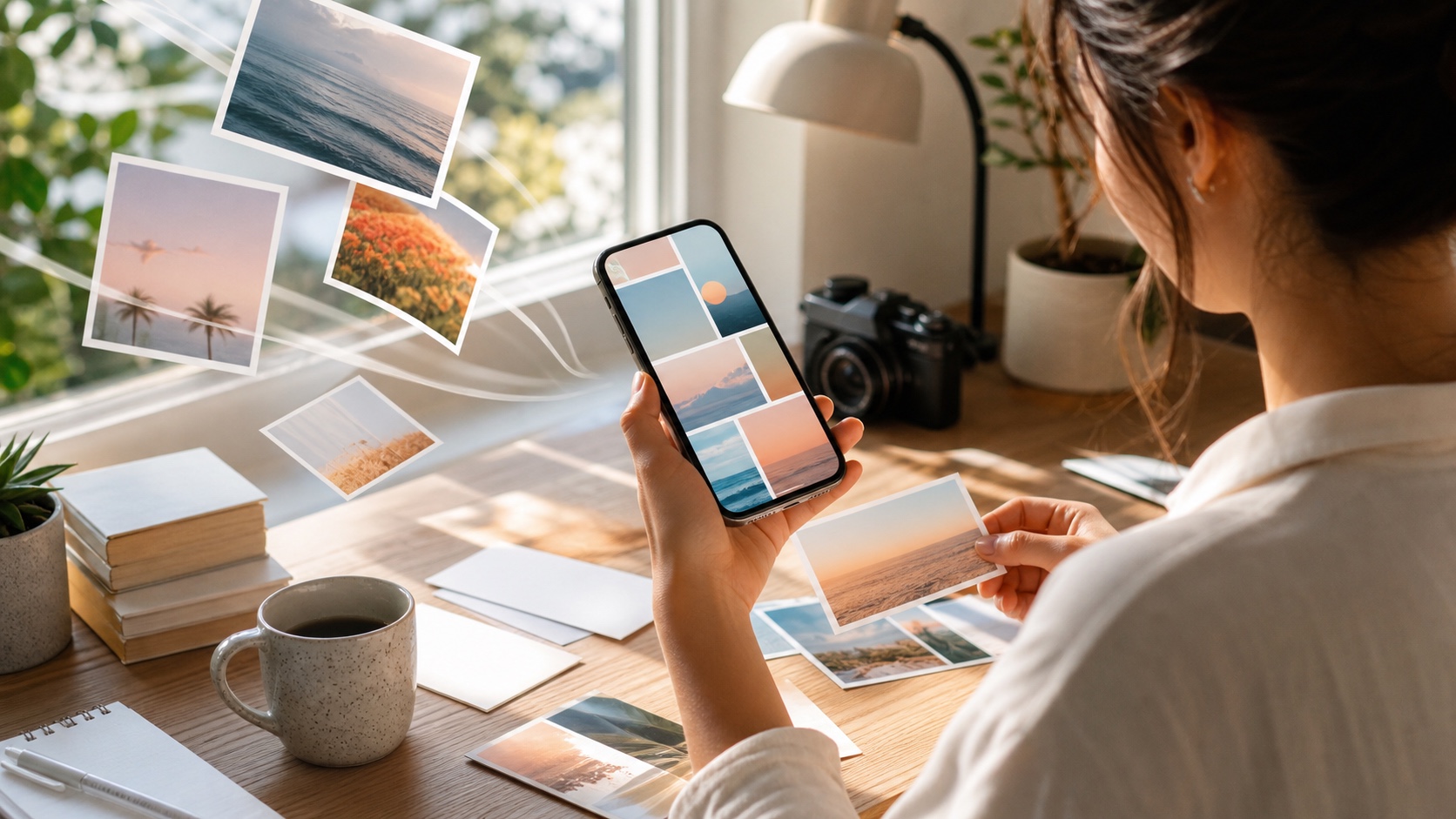 スマートフォンで写真中心の記事候補を見ながら企画を練るコンテンツ制作者
