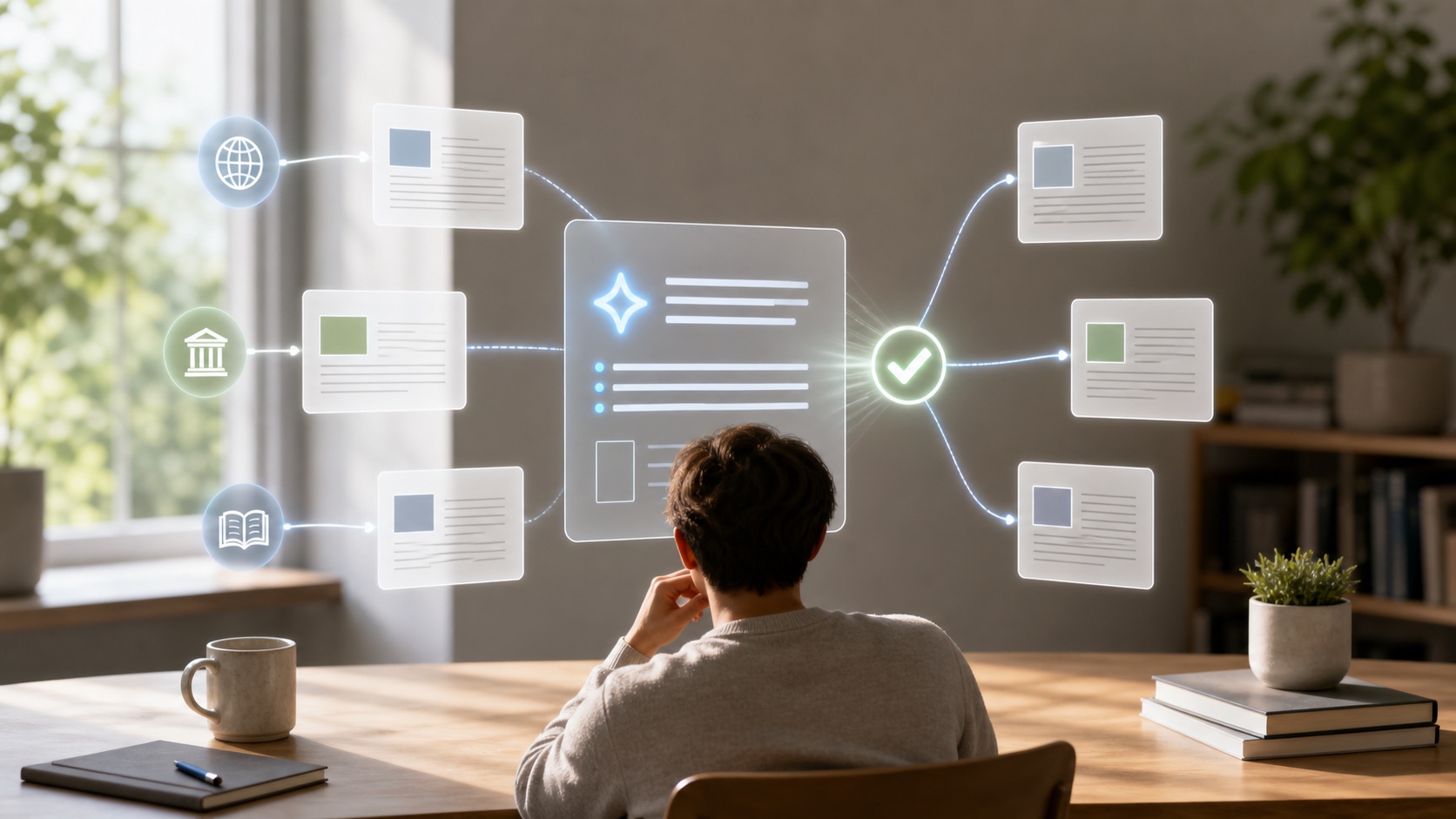 A person verifying an AI answer against several independent sources