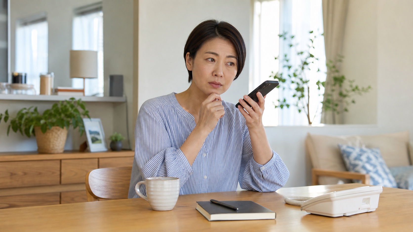 不審な電話を受け、家族へ確認しようと落ち着いて考える人