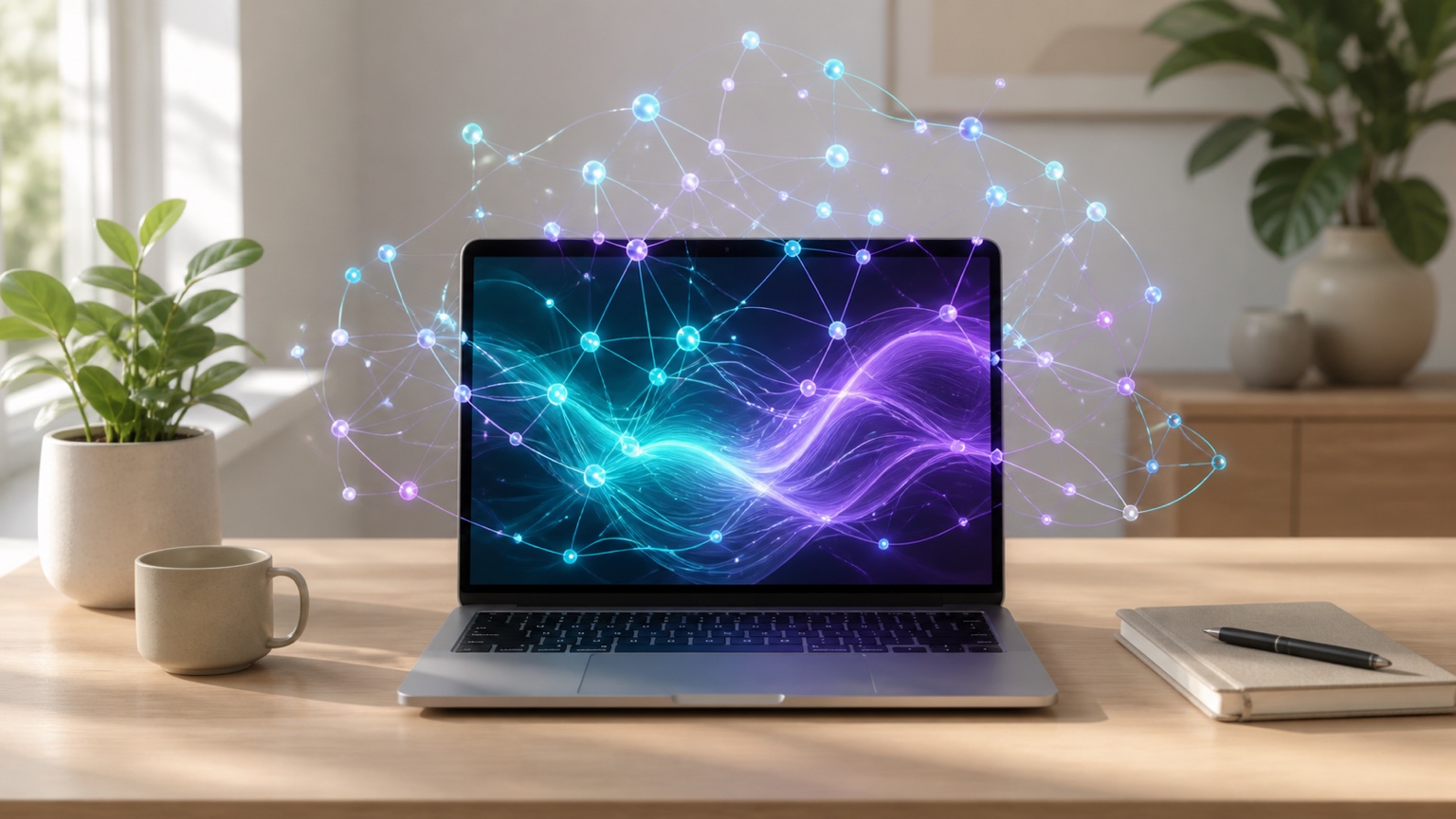 明るいデスクのMac上で抽象的なAIネットワークが動く様子