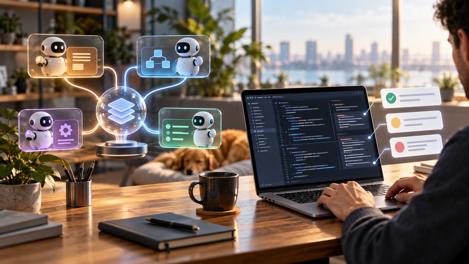 複数のAIエージェントとコード作業を表す明るい開発デスク