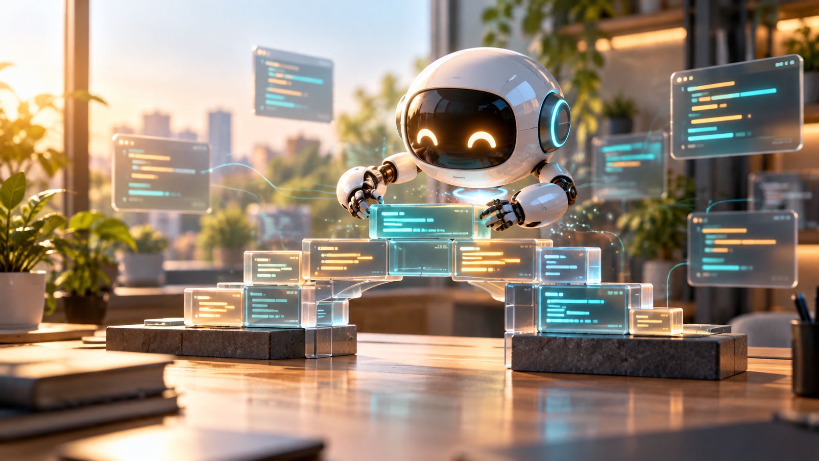 A bright workspace where an AI agent assembles abstract code blocks
